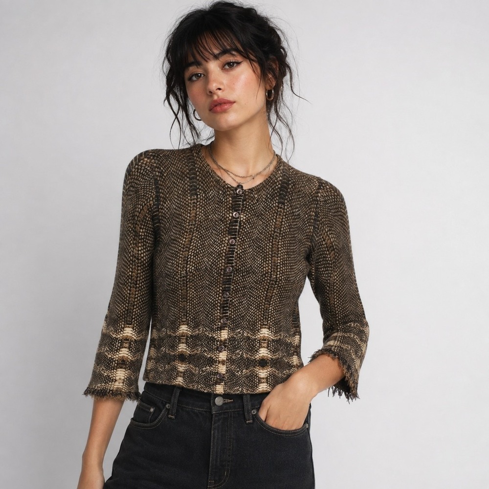 Sutton Studio 100% Cashmere Snake Print Cardigan Y2K Dark Academia Fringe Sz M
